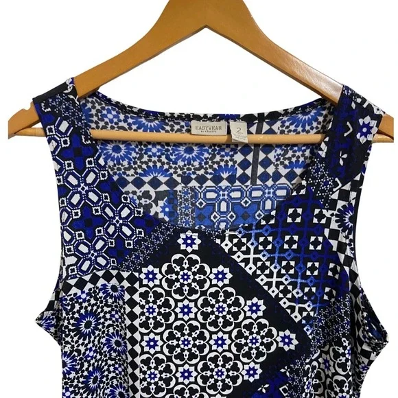 Easywear by Chico's Blue Geometric Patchwork Blouse Eclectic Career Size 2 L - Picture 6 of 9